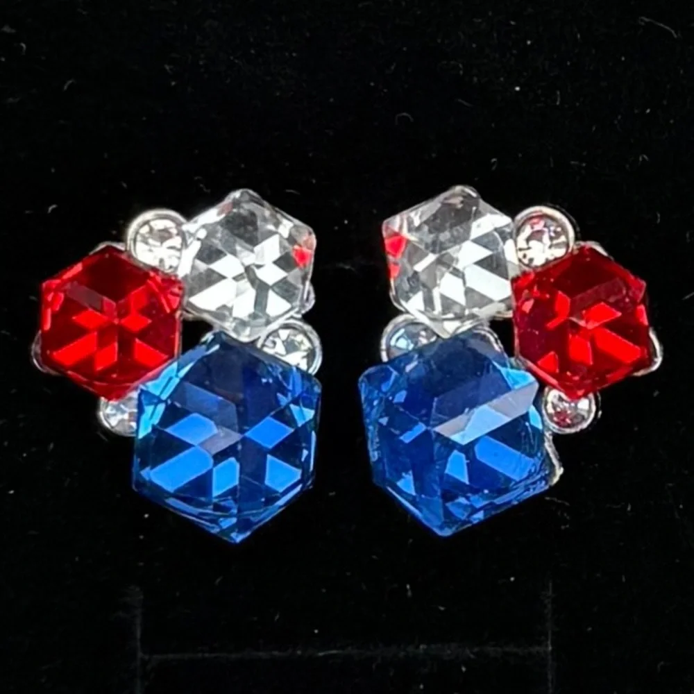 Custom, red, clear and blue pierced bling earrings